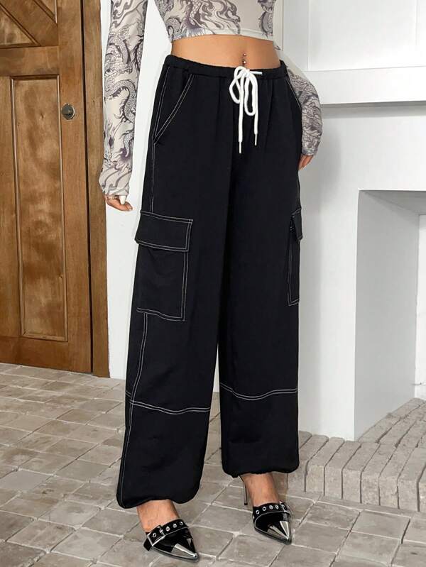 Top-stitching Drawstring Waist Flap Pocket Side Sweatpants