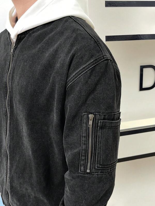 Men 1pc Drop Shoulder Zipper Denim Bomber Jacket