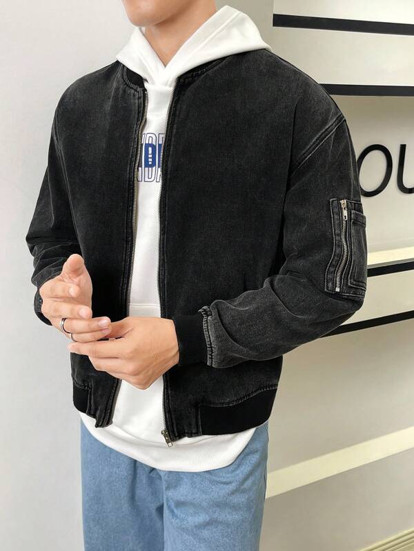 Men 1pc Drop Shoulder Zipper Denim Bomber Jacket