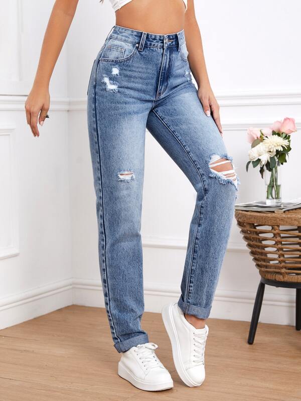 Tall Light Washed Ripped Straight Leg Jeans