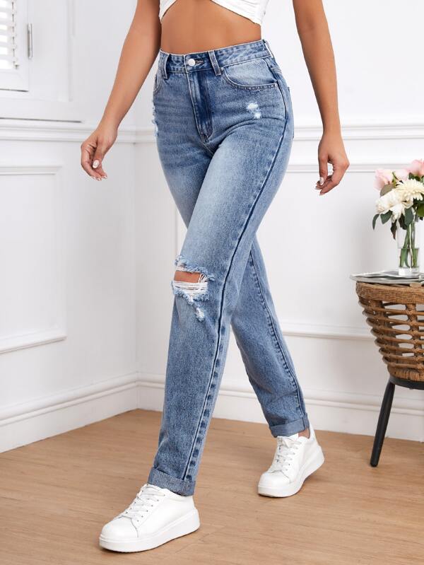 Tall Light Washed Ripped Straight Leg Jeans