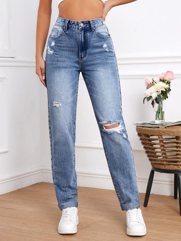 Tall Light Washed Ripped Straight Leg Jeans