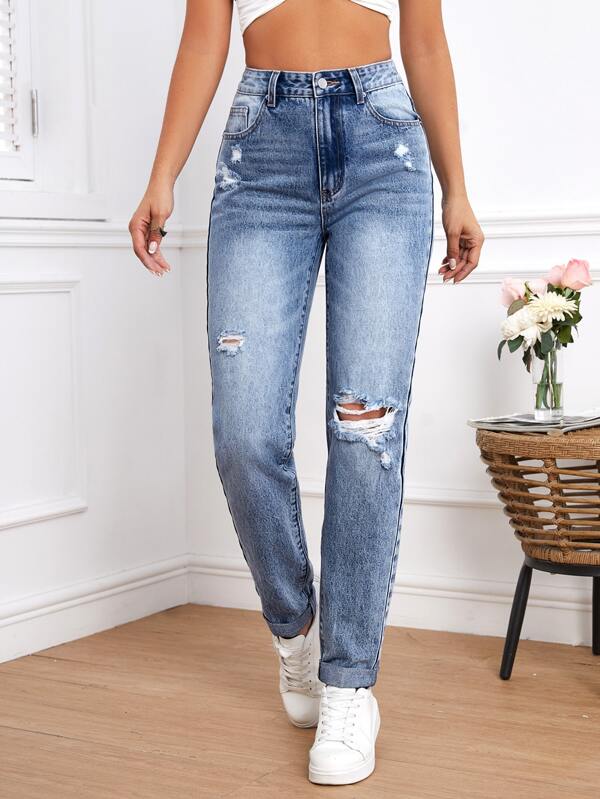 Tall Light Washed Ripped Straight Leg Jeans