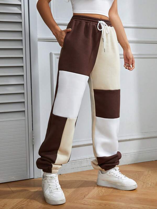 Colorblock Drawstring Waist Slant Pocket Sweatpants