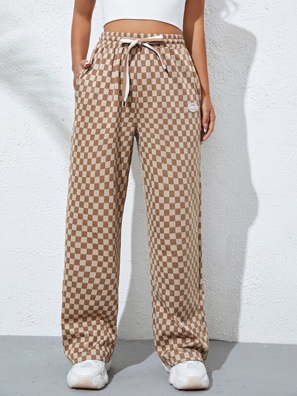 Checkerboard Print Drawstring Waist Patched Detail Sweatpants