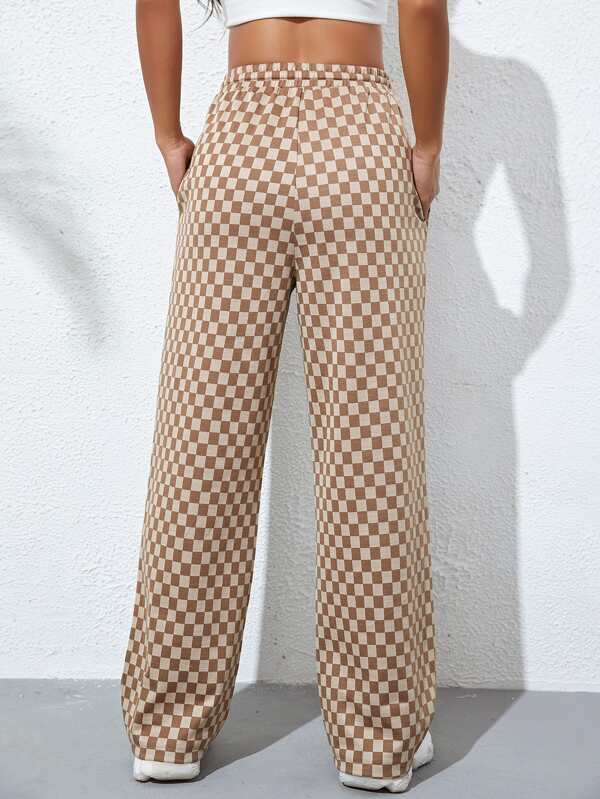 Checkerboard Print Drawstring Waist Patched Detail Sweatpants