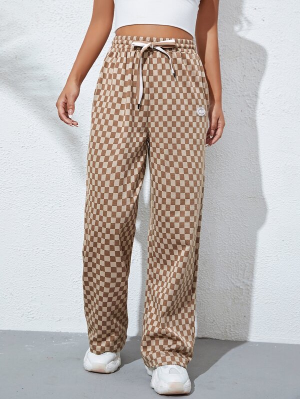 Checkerboard Print Drawstring Waist Patched Detail Sweatpants