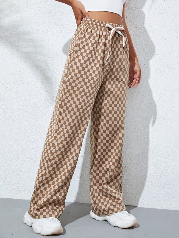 Checkerboard Print Drawstring Waist Patched Detail Sweatpants