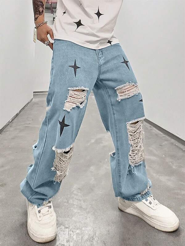 Men Cotton Star Print Ripped Loose Fit Jeans