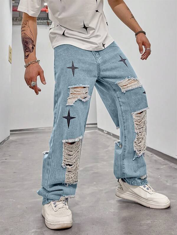 Men Cotton Star Print Ripped Loose Fit Jeans