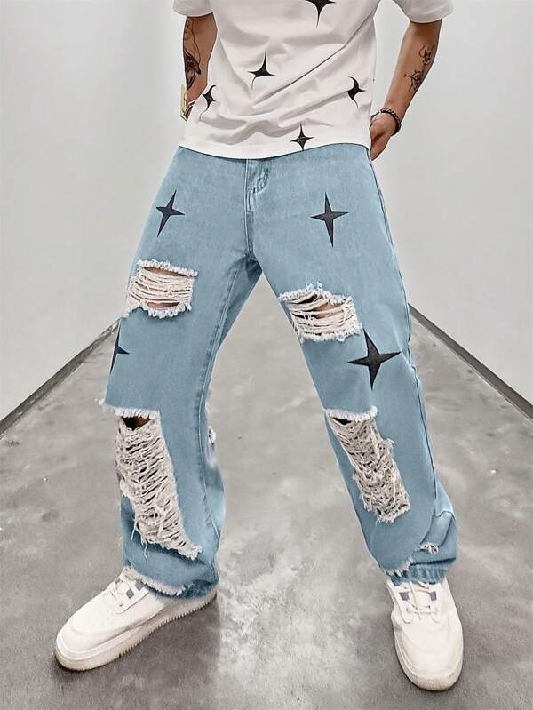 Men Cotton Star Print Ripped Loose Fit Jeans