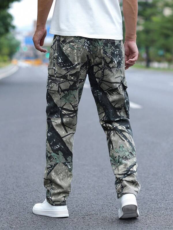 Men Graphic Print Flap Pocket Side Cargo Jeans