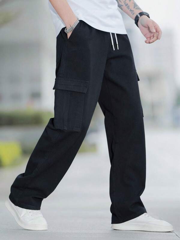 Men Cotton Flap Pocket Side Drawstring Waist Cargo Pants