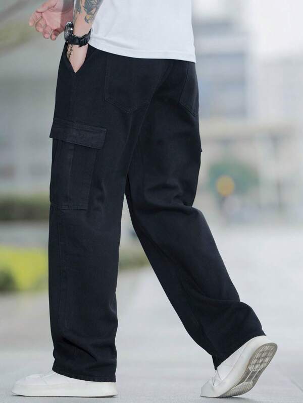 Men Cotton Flap Pocket Side Drawstring Waist Cargo Pants