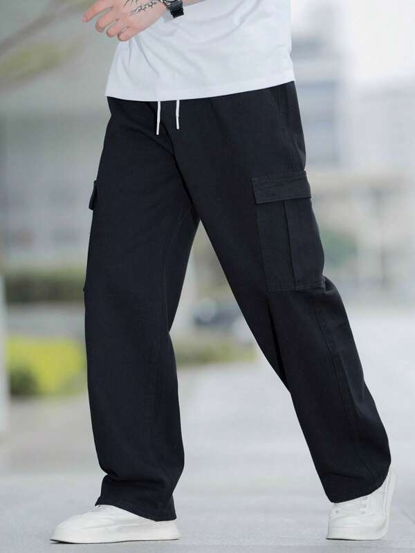 Men Cotton Flap Pocket Side Drawstring Waist Cargo Pants