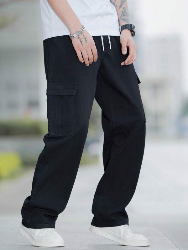 Men Cotton Flap Pocket Side Drawstring Waist Cargo Pants