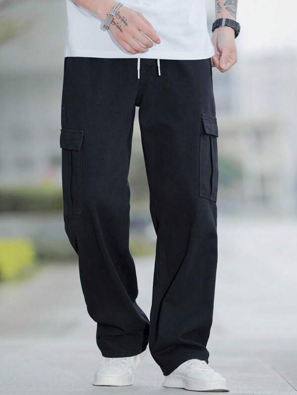 Men Cotton Flap Pocket Side Drawstring Waist Cargo Pants