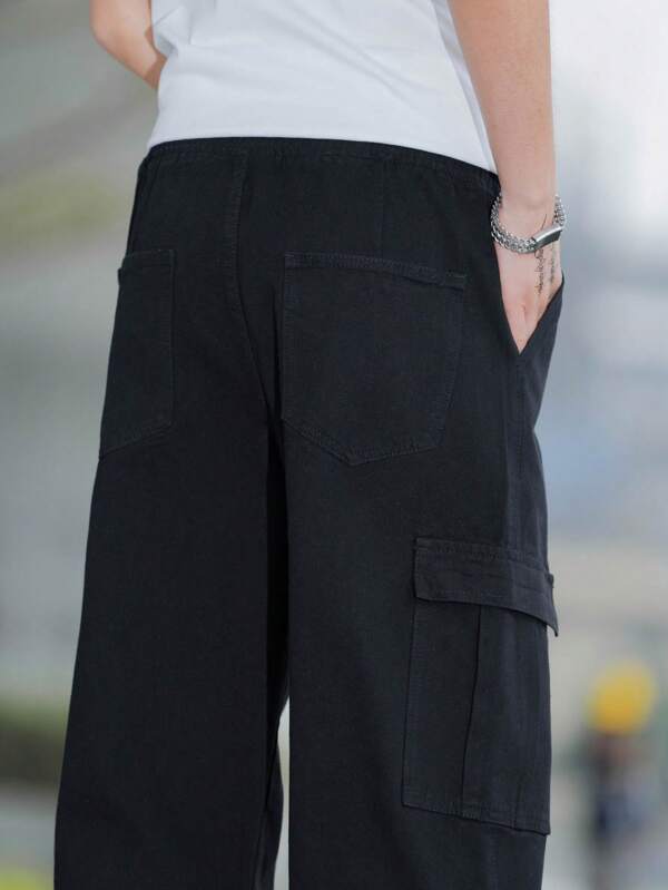 Men Cotton Flap Pocket Side Drawstring Waist Cargo Pants