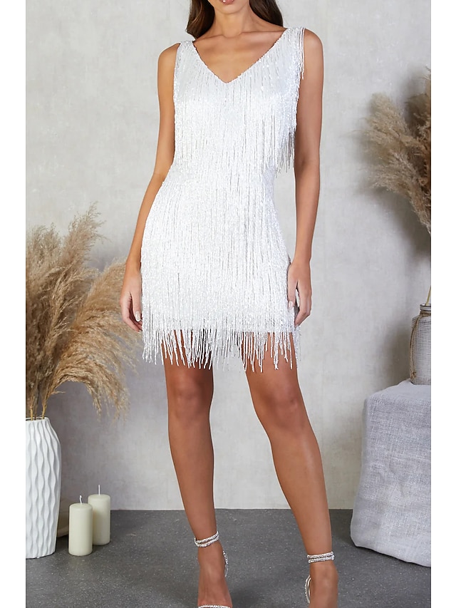 Women's Party Dress Fringe Dress Short Mini Dress White Gold Sleeveless Pure Color Tassel Fringe Spring Summer Spaghetti Strap Party Sexy Gatsby Party