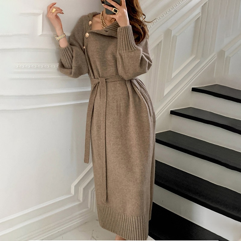 Women's Sweater Dress Winter Dress Sheath Dress Knee Length Dress Stylish Pure Color Outdoor Winter Dress Holiday Weekend Turtleneck Long Sleeve Tie Front Button