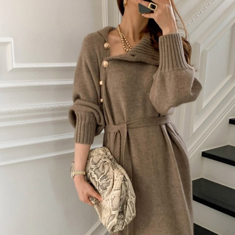 Women's Sweater Dress Winter Dress Sheath Dress Knee Length Dress Stylish Pure Color Outdoor Winter Dress Holiday Weekend Turtleneck Long Sleeve Tie Front Button