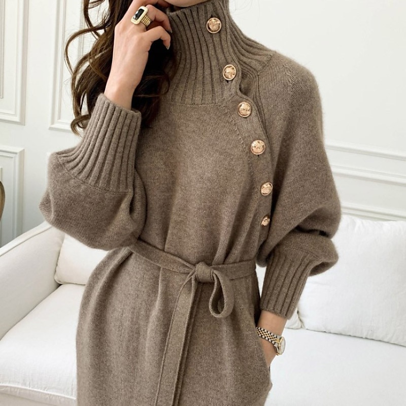 Women's Sweater Dress Winter Dress Sheath Dress Knee Length Dress Stylish Pure Color Outdoor Winter Dress Holiday Weekend Turtleneck Long Sleeve Tie Front Button