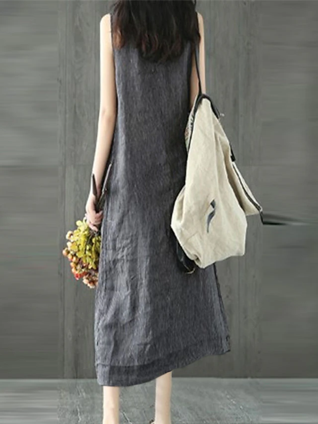 Women's Casual Dress Cotton Linen Dress Shift Dress Maxi long Dress Cotton Blend Casual Daily Holiday Vacation Crew Neck Pocket Cold Shoulder Sleeveless Summer Spring 2023 Regular Fit Black Gray Pure