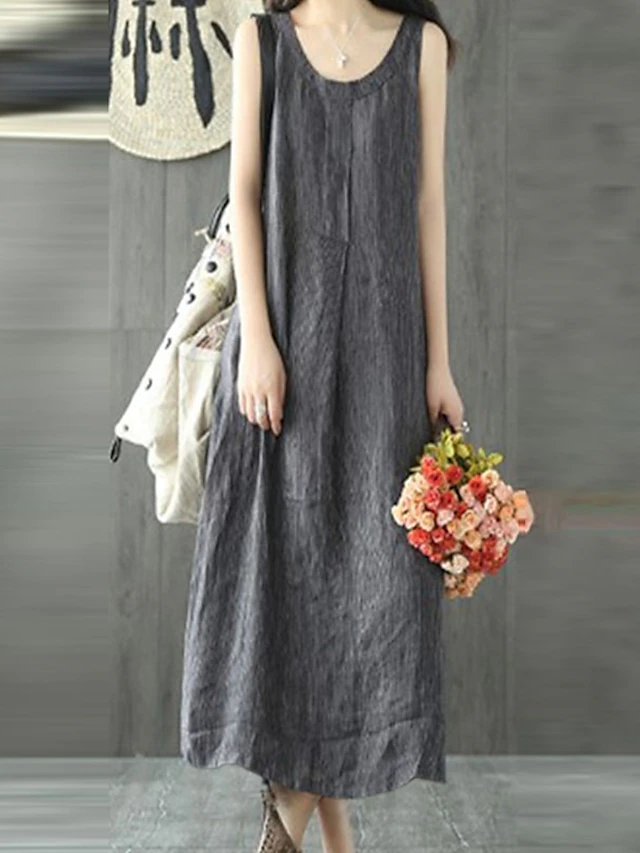 Women's Casual Dress Cotton Linen Dress Shift Dress Maxi long Dress Cotton Blend Casual Daily Holiday Vacation Crew Neck Pocket Cold Shoulder Sleeveless Summer Spring 2023 Regular Fit Black Gray Pure