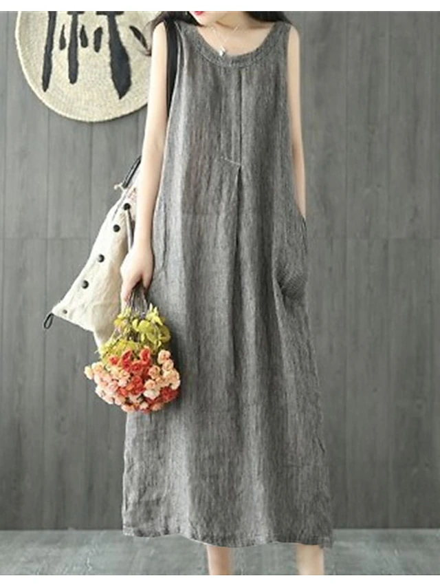 Women's Casual Dress Cotton Linen Dress Shift Dress Maxi long Dress Cotton Blend Casual Daily Holiday Vacation Crew Neck Pocket Cold Shoulder Sleeveless Summer Spring 2023 Regular Fit Black Gray Pure