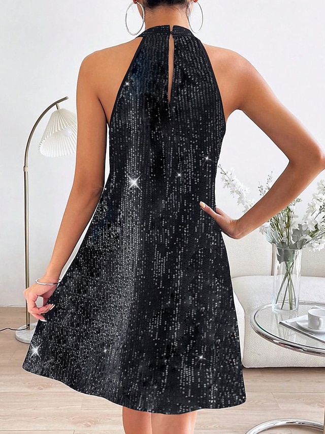 Women's Little Black Dress Sexy Dress Black Sequin Dress Party Dress Homecoming Dress Mini Dress Fuchsia Sleeveless Spring Fall Halter Neck Fashion Wedding Guest Vacation