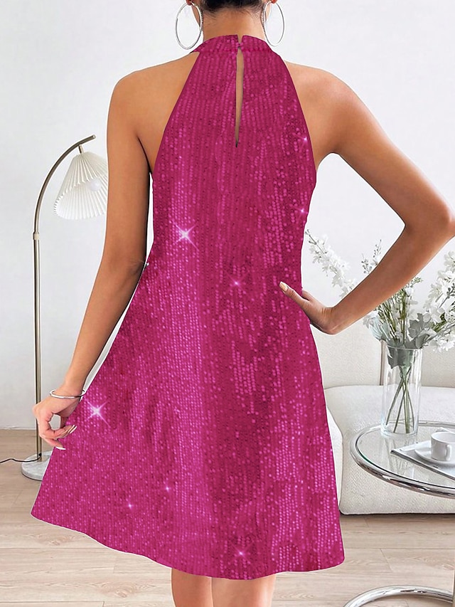 Women's Little Black Dress Sexy Dress Black Sequin Dress Party Dress Homecoming Dress Mini Dress Fuchsia Sleeveless Spring Fall Halter Neck Fashion Wedding Guest Vacation